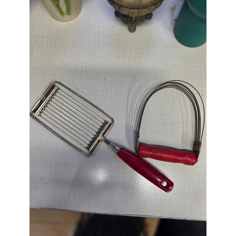 Vintage EKCO Cheese Slicer & Androck Pastry Blender Red Wood Handle USA Kitchen